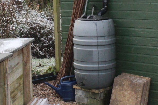 Photo of a water butt next to a shed in a garden in winter